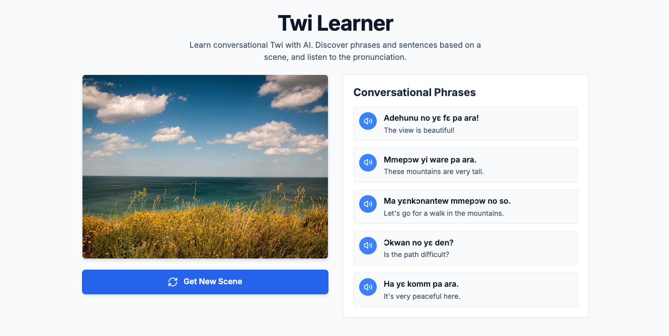 Screenshot of a field with the sea and sky behind on the left side of the screen and five generated Twi phrase options on the right side.