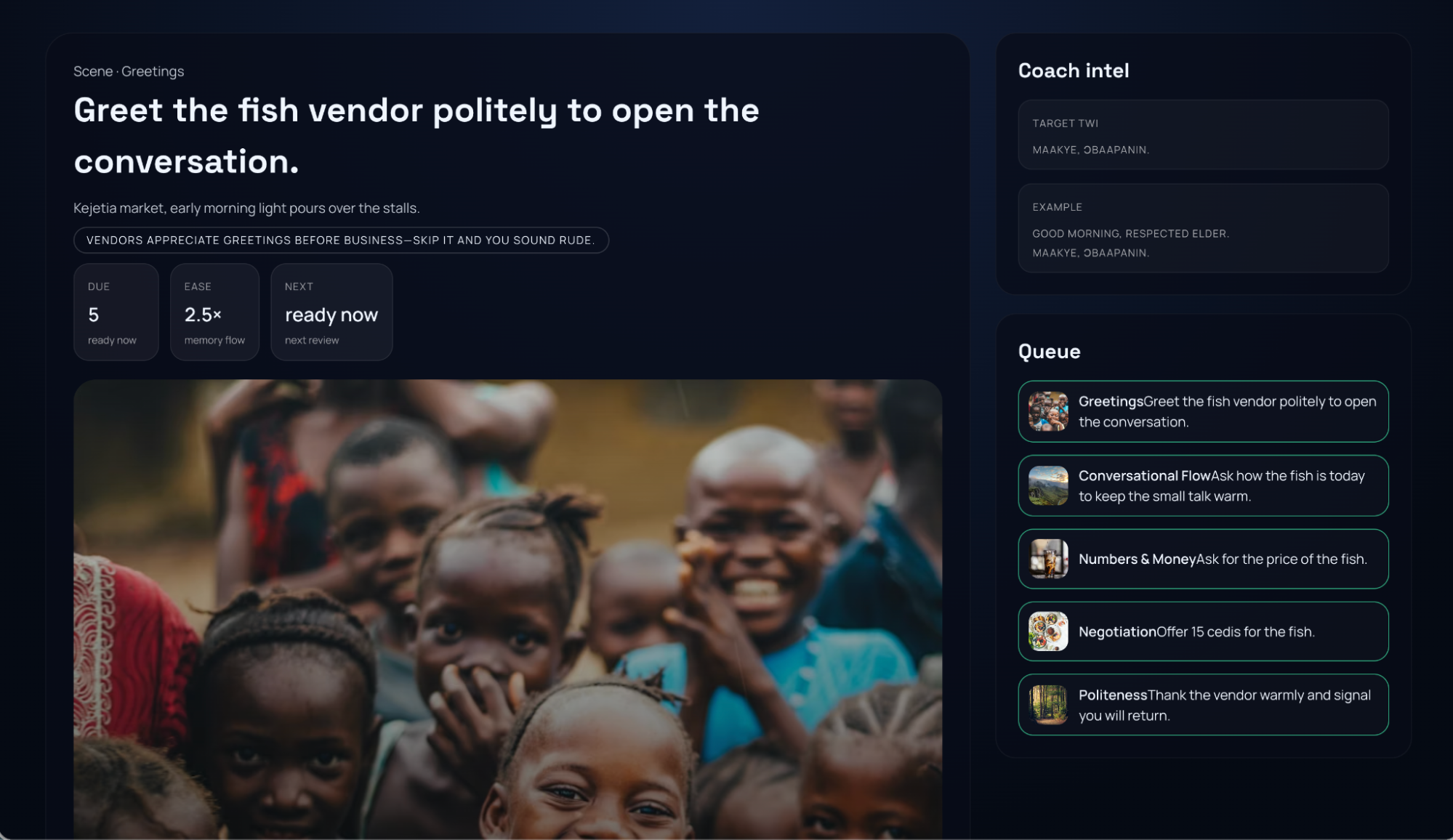 Another screenshot of the app generated using Cursor. They included a queue of new phrases to review, an image that should relate to the phrase and some 'Coach intel' which I'm confused by.